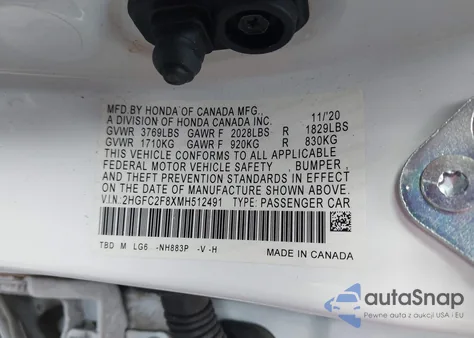 2021 Honda Civic Sport z USA, uszkodzony, nr VIN 2HGFC2F8XMH512491